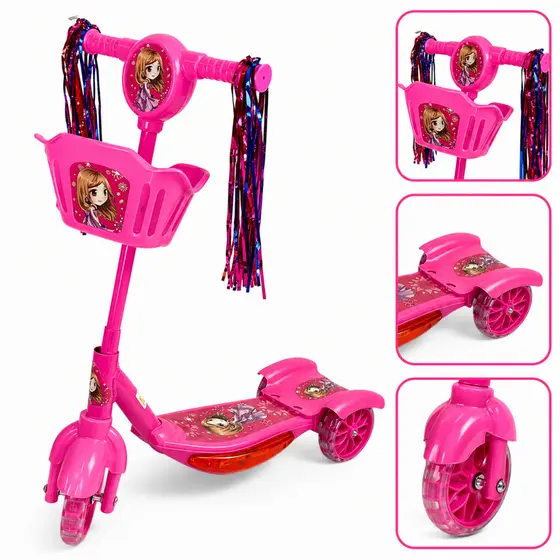 Patinete Infantil 3 Rodas Dobrável Com Luz Som Rodas LED Cestinha Freio Até 35kg Rosa