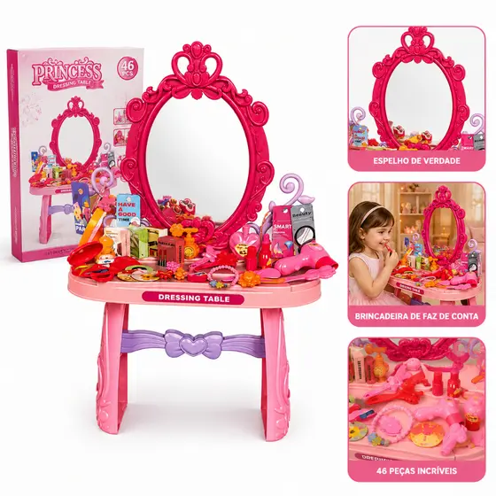 Penteadeira Infantil Princess 46 Peças Com Espelho Rosa Kit Maquiagem Brinquedo