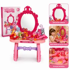 Penteadeira Infantil Princess 46 Peças Com Espelho Rosa Kit Maquiagem Brinquedo