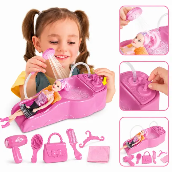 Kit Lavatório com Boneca Salão de Beleza Infantil Brinquedo Cabeleireiro Faz de Conta Rosa