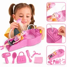 Kit Lavatório com Boneca Salão de Beleza Infantil Brinquedo Cabeleireiro Faz de Conta Rosa