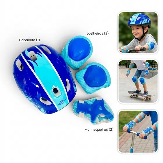 Kit Proteção Infantil Completo 7 Peças Capacete Joelheira Cotoveleira Azul Esporte