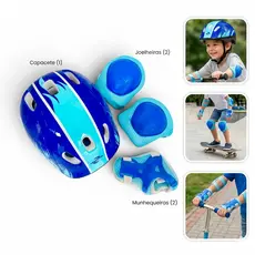 Kit Proteção Infantil Completo 7 Peças Capacete Joelheira Cotoveleira Azul Esporte