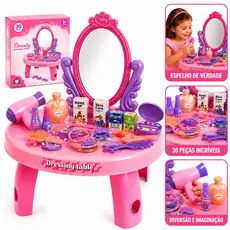 Penteadeira Infantil Rosa Com Espelho 30 Acessorios Kit Maquiagem Brinquedo