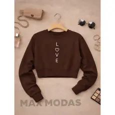 Cropped Moletom Manga Longa Love Flanelado Em Alta Tendencia
