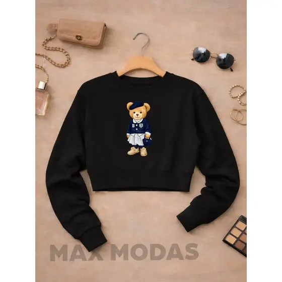 Cropped Moletom Feminino Careca Urso Chapéu Em Algodão Super Em Alta