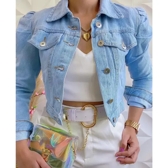 Jaqueta jeans Feminina mangas bufantes casaco feminino