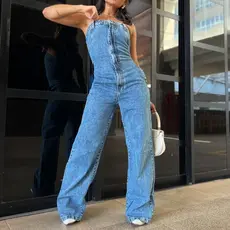 Macacão Jeans Feminino Tomara Que Caia Longo com Botões Com ziper A parte de trás é elástica