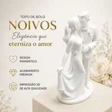 Topo de Bolo Casamento 3D Branco Noivinhos Decoração Bolo Festa Elegante 12cm Leve Design Romântico