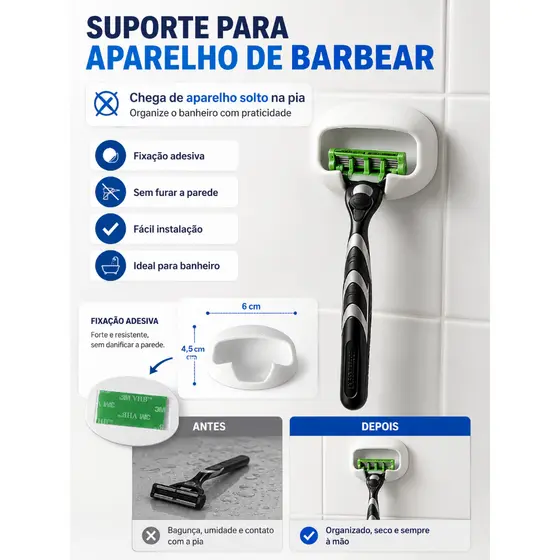 Suporte Gillette Mach3 Parede Sem Furar Organizador Barbeador Banheiro 3M