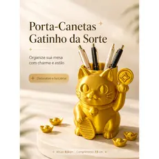 Porta Canetas Gatinho da Sorte Dourado Organizador de Mesa Decorativo Home Office