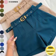 Short Feminino Alfaiataria Social com Cinto e Bolso Fivela Dourada Cintura Alta