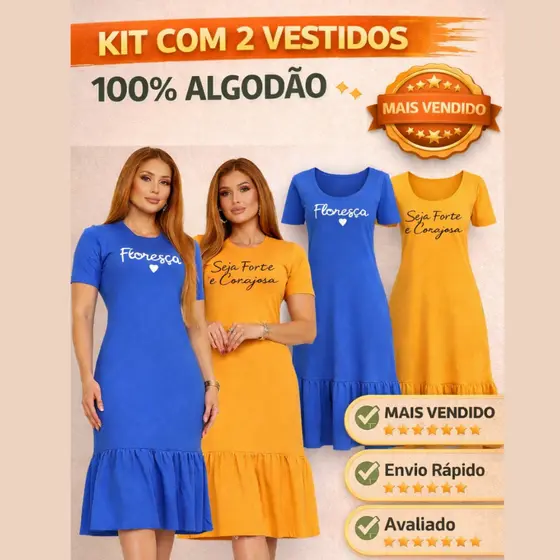 Kit 2 Vestidos Feminino Midi Moda Cristã Estampado 100 % Algodão