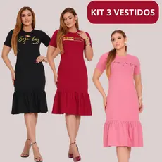 Kit 3 Vestidos Feminino 100% Algodão Casual Babado Moda Evangélica