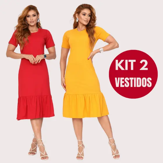 Kit 2 Vestidos feminino Soltinho Elegante Com Babado