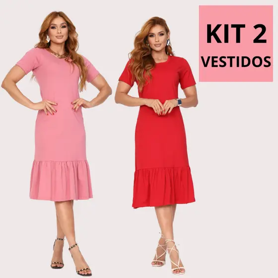 Kit 2 Vestido Babado Midi Moda Evangélica Casual Social Elegante Confortável