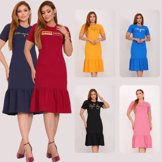 Vestido Algodão Midi Casual Babado Leve e Confortavél Com Silk