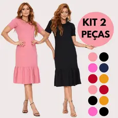 Kit 2 Vestido Feminino Babado Moda Cristã Luxo Elegante Malha Algodão Manga Curta
