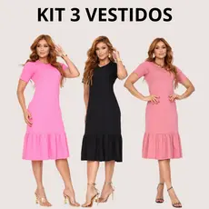 Kit 3 Vestidos Básico Estiloso Moda Casual Babado Manga Curto Super Promoção
