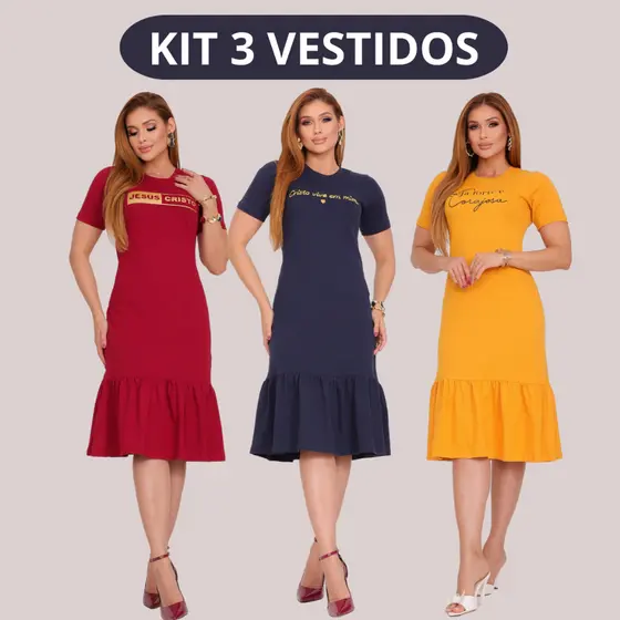 Kit 3 Vestidos Midi Babado e Silk Estiloso Alta Qualidade Estampa Cristã