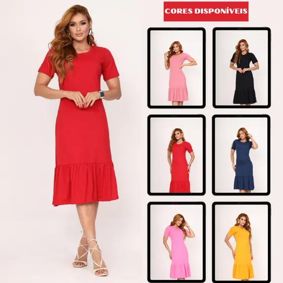 Vestido Feminino Elegante Vestido Casual Com Babado Manga Curta Algodão