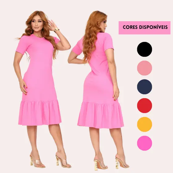 Vestido Feminino Básico Versátil Gola Redonda Com Babado Moda Evangélica