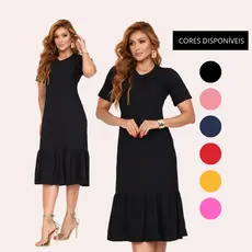 Vestido Feminino Midi Soltinho Moda Evangélica Manga Curta Com Babado Malha Algodão
