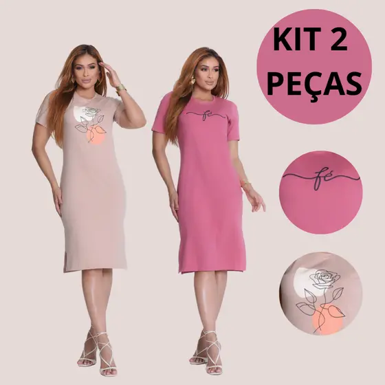 Kit 2 Vestidos Moda Casual Elegante Versátil Básico 100% Algodão Manga Curta Fenda Lateral Com Silk