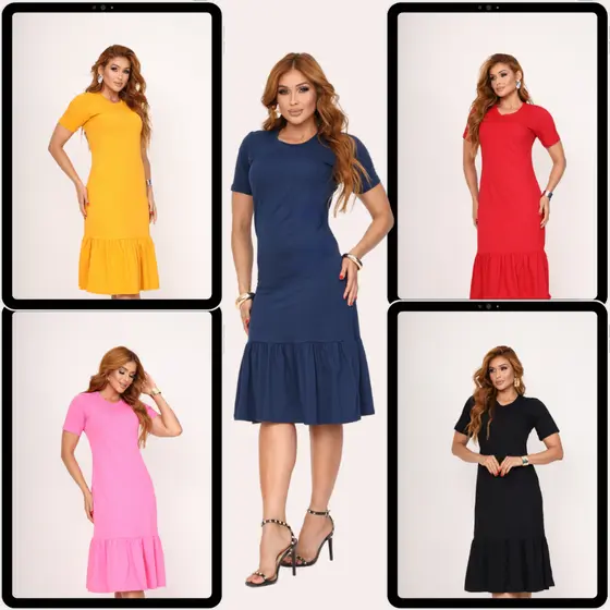 Vestido Babado Midi Moda Casual Básico Soltinho Versátil Tendência