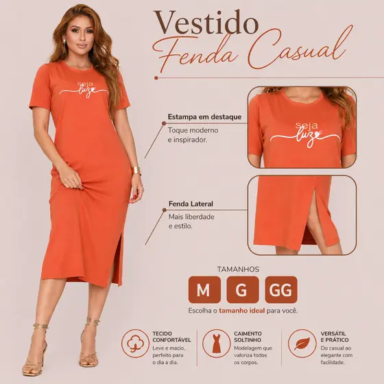 Vestido Midi Feminino Lateral 100% Algodão Confortável Alta Qualidade