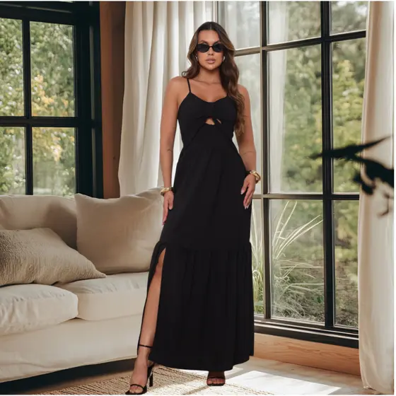 Vestido Preto Longo Tendência Moda Feminina Chique