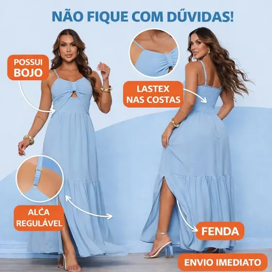 Vestido Longo Solto Feminino Alcinha Com Fenda e Bojo Moda Casual