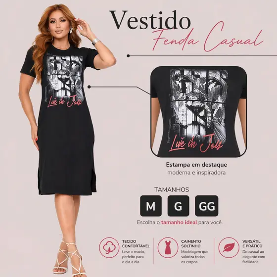 Vestido Feminino Midi Com Fenda Lateral Casual Elegante