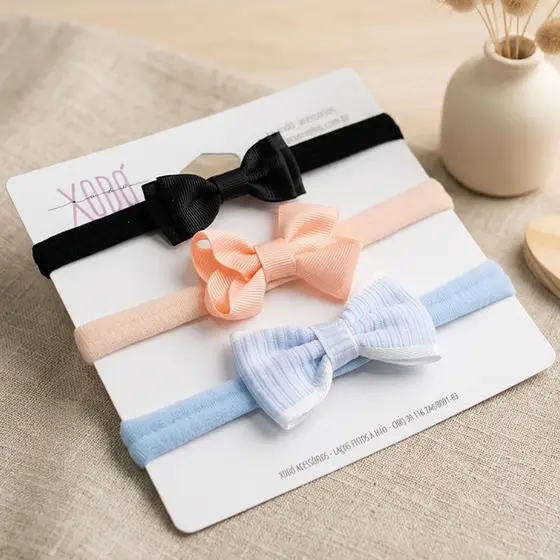 Kit 3 Faixas Bebê tiaras de meia de seda Menina com Laço em Meia Macia Azul Salmão Preto Confortável