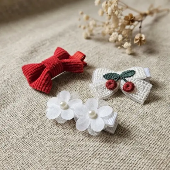 Kit Faixas Tiara Meia Seda Bebê Rn Infantil Laço Cabelo Cereja Presilha