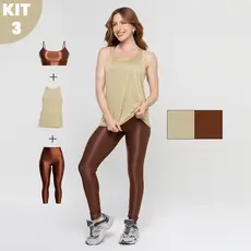Kit 3 peças Legging e Top Fitness Trilobal Canelado Brilhoso + Regata Dry Feminino