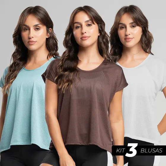 Kit 3 Blusas Feminina Fitness Tela Dry Fit - Academia, Treino, Leveza e Secagem Rápida