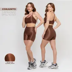 Conjunto Fitness Feminino Trilobal Canelado – Top Alcinha + Short Brilhoso Cós Alto Premium Academia