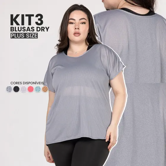 Kit 3 Blusas Plus Size Fitness Dry - Camisetas Academia, Musculação e Caminhada Confortáveis