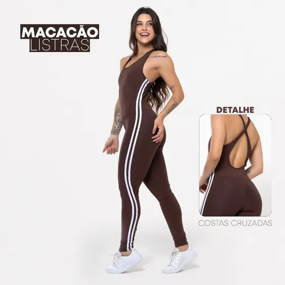 Macacão Fitness Feminino Listrado em Poliéster Duplo Trançado – Zero Transparência, Alta Sustentação