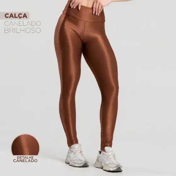 Calça Legging Fitness Feminina – Canelada Cintura Alta Modeladora com Brilho