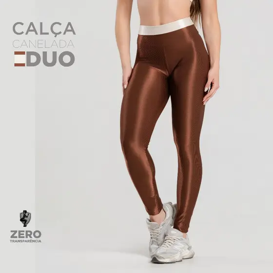 Calça Fitness Duo Trilobal Canelada Brilhosa – Cós Alto Modeladora Feminina