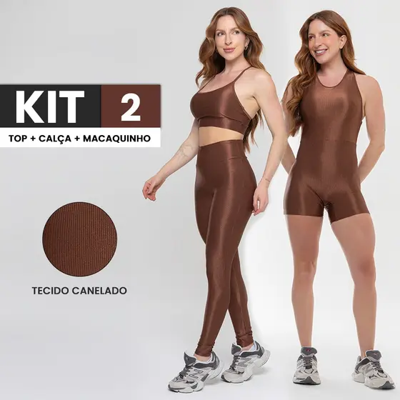 kit 3 peças Conjunto Canelado Brilhoso Calça Legging Academia e Top Fitness+Macaquinho academia