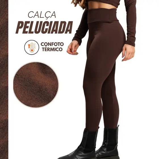 Calça Legging Lisa Peluciada Flanelada Cós Alto Modelador Outono Inverno Moda Feminina