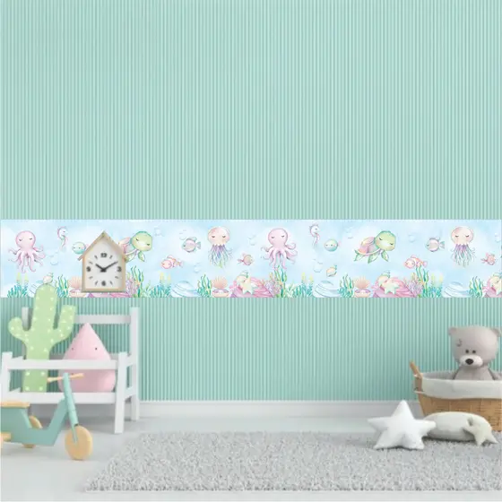 FUNDO DO MAR FX0.038, DEOCRAÇÃO DE PAREDE, QUARTO  - Faixa adesiva para decorar o quarto do bebê - 2 METROS