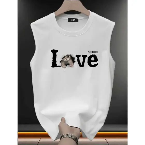 Camiseta Regata Masculina Love Gatinho Blusa 100% Algodão Blusa Cavada