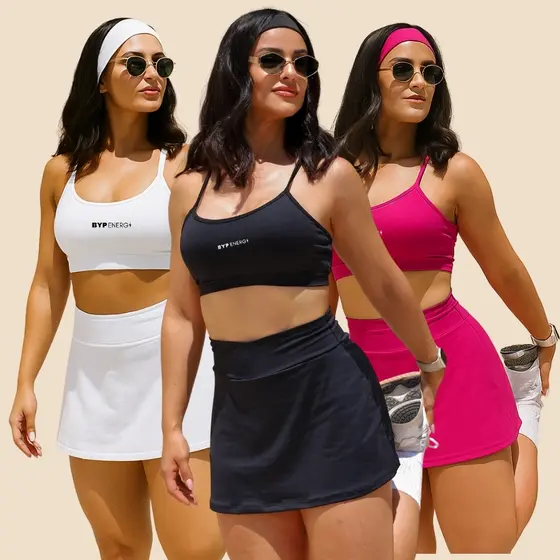Kit (2 Unidades) ou Unitário | Conjunto Fitness Feminino Suplex Confortável Top + Short Saia com Bolso