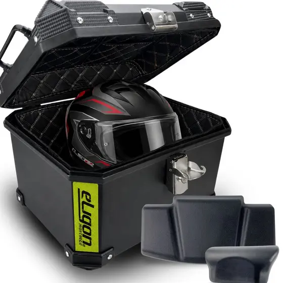 Baú Traseiro Moto Base Preto Plástico ABS 45 Litros Com Suporte Com Encosto Passageiro