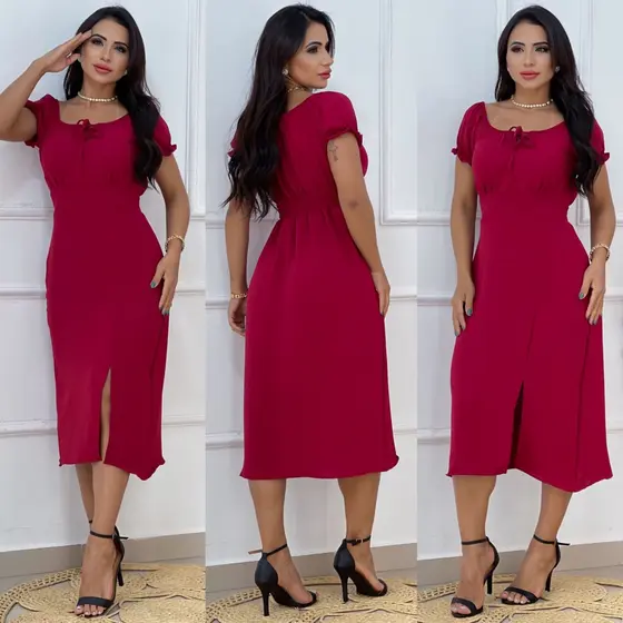 Vestido Midi Feminino Duna com Fenda Lateral e Lastex – Elegante e Confortável