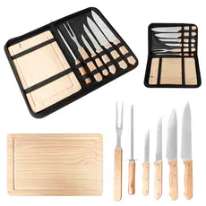 Kit Churrasco Aço Inox 8 Peças Com Estojo Resistente Facas Amolador Garfo Tábua de Carne Grillrelax